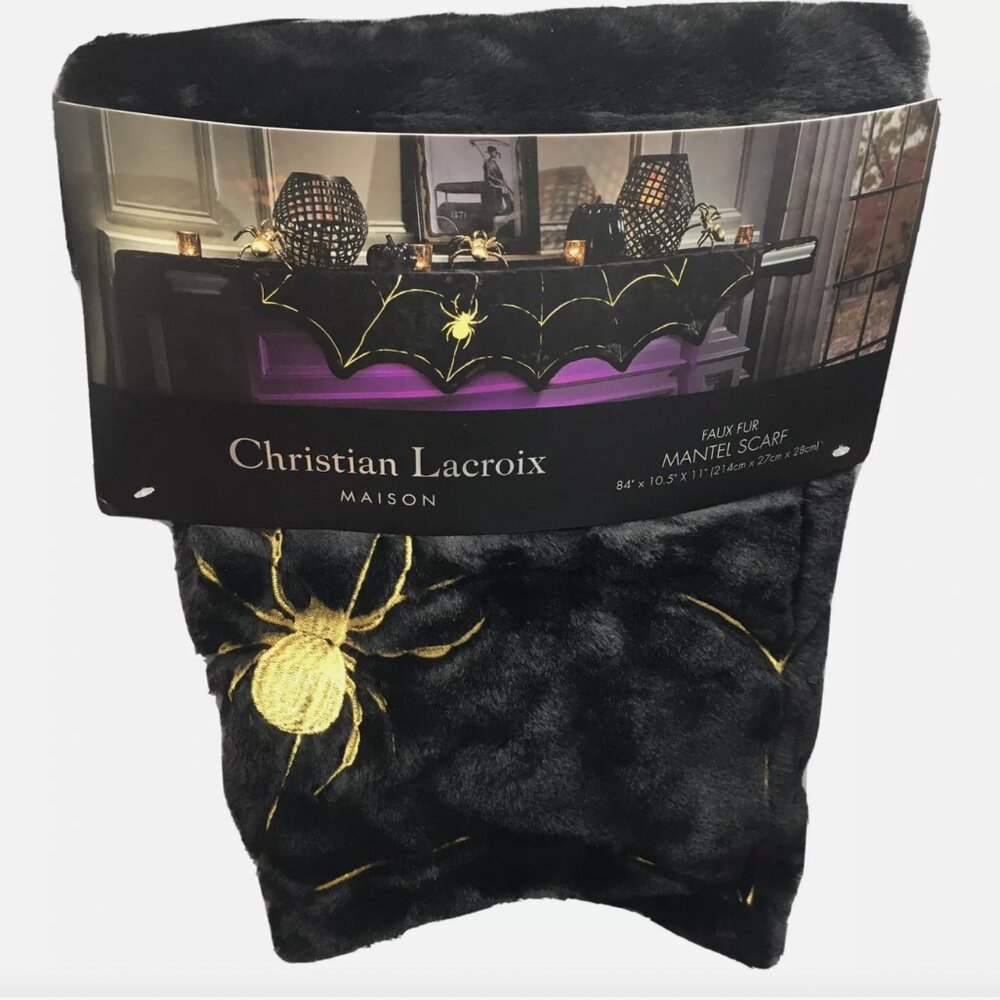 Christian Lacroix Halloween Black Faux Fur Gold Spider Web Mantel Scarf Decor